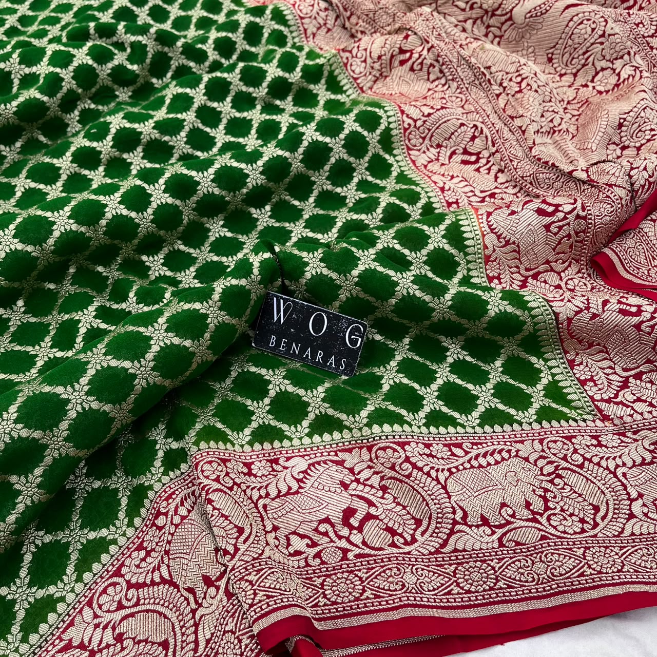 MEHENDI GREEN&RED PURE KHADDI GEORGETTE SAREE