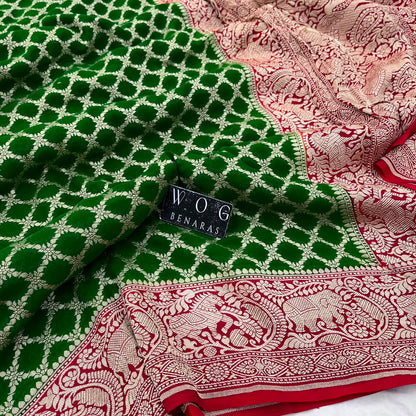 MEHENDI GREEN&RED PURE KHADDI GEORGETTE SAREE