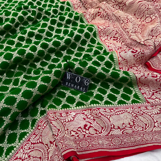 MEHENDI GREEN&RED PURE KHADDI GEORGETTE SAREE