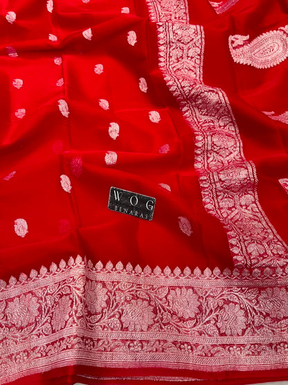 BRIDAL RED PURE HANDWOVEN KHADDDI CHIFFON SAREE