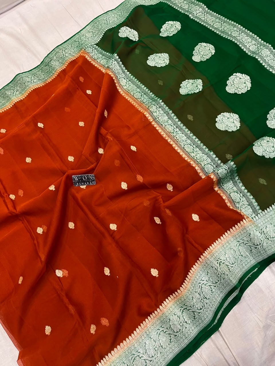 RUST & GREEN PURE HANDWOVEN KHADDI CHIFFON SAREE