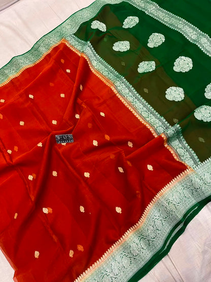 RUST & GREEN PURE HANDWOVEN KHADDI CHIFFON SAREE