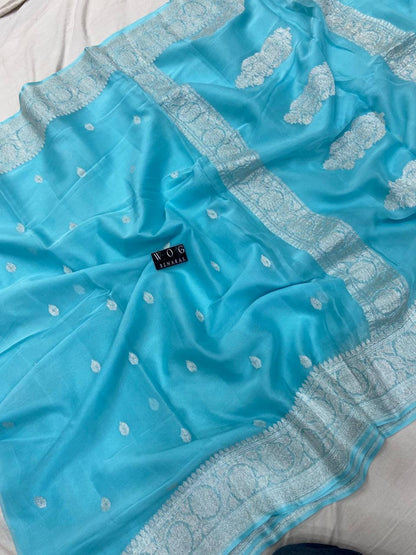 SKY BLUE HANDWOVEN KHADDI CHIFFON SAREE