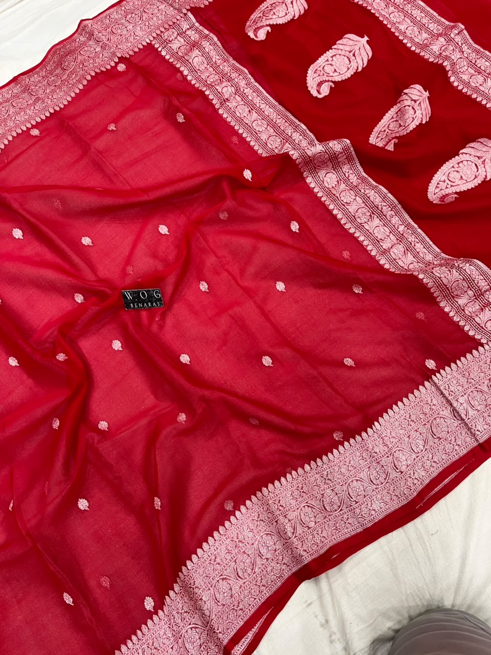 BRIDAL RED PURE HANDWOVEN KHADDI CHIFFON SAREE