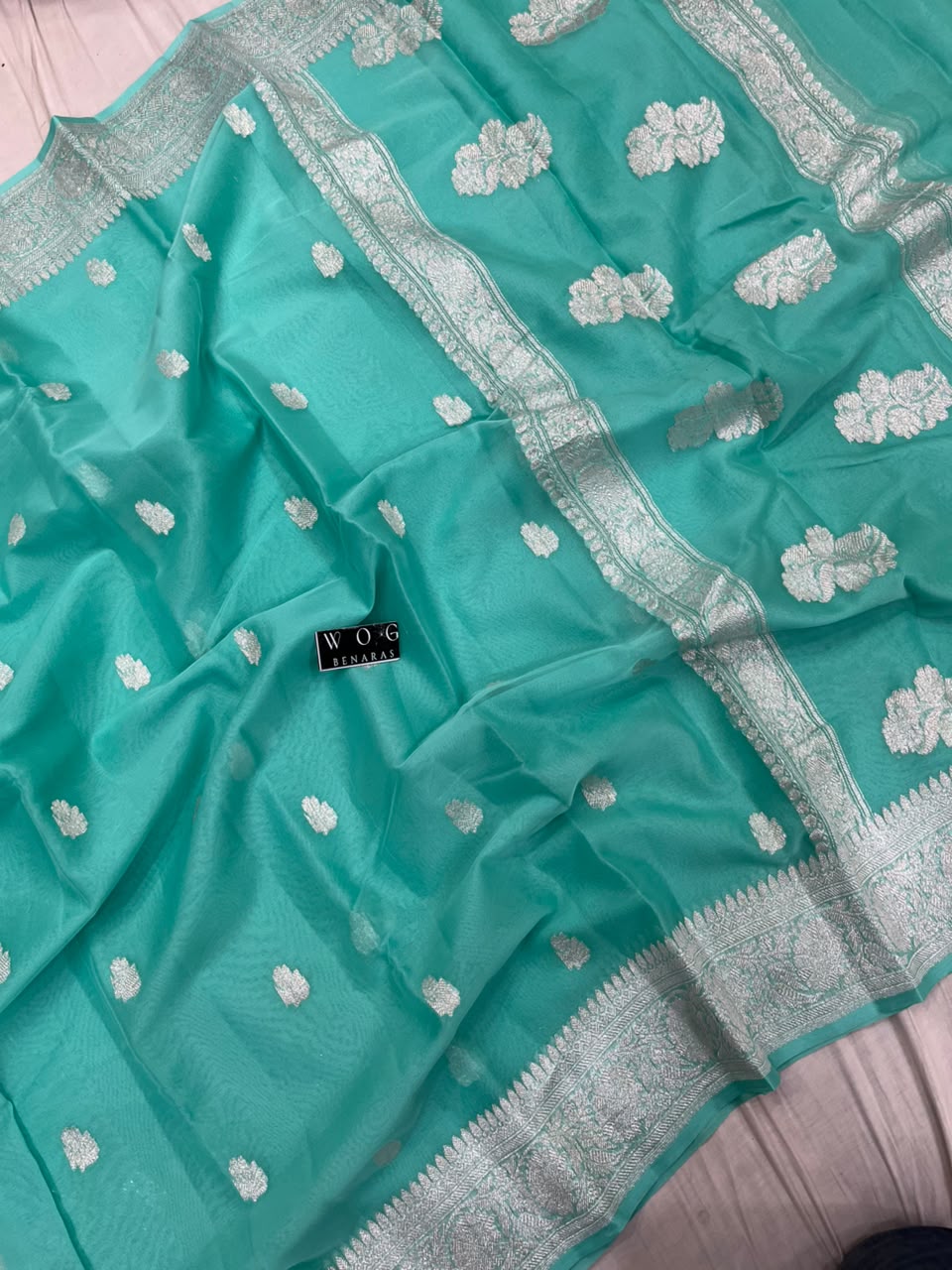 SEA GREEN PURE HANDWOVEN KHADDI CHIFFON SAREE