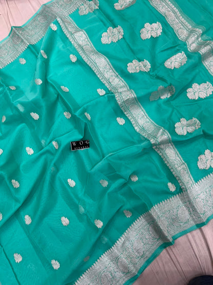 SEA GREEN PURE HANDWOVEN KHADDI CHIFFON SAREE
