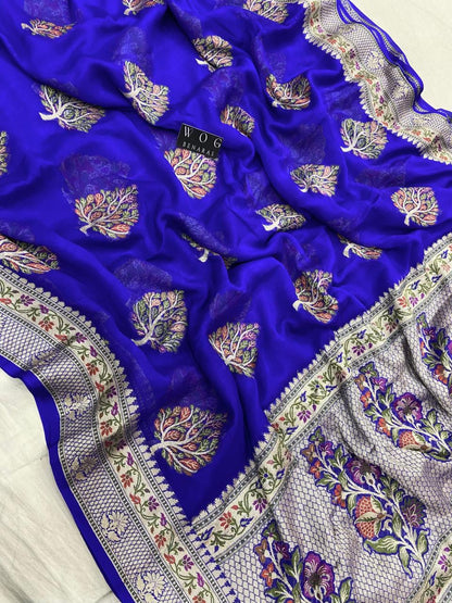 ROYAL BLUE PURE KHADDI CREPE SAREE WITH MEENAKARI BUTA