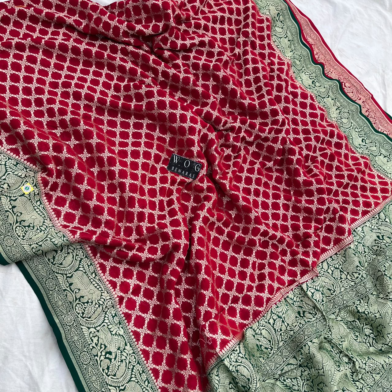RED&GREEN PURE KHADDI GEORGETTE SAREE