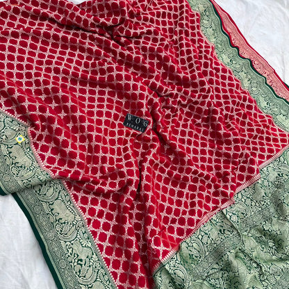 RED&GREEN PURE KHADDI GEORGETTE SAREE