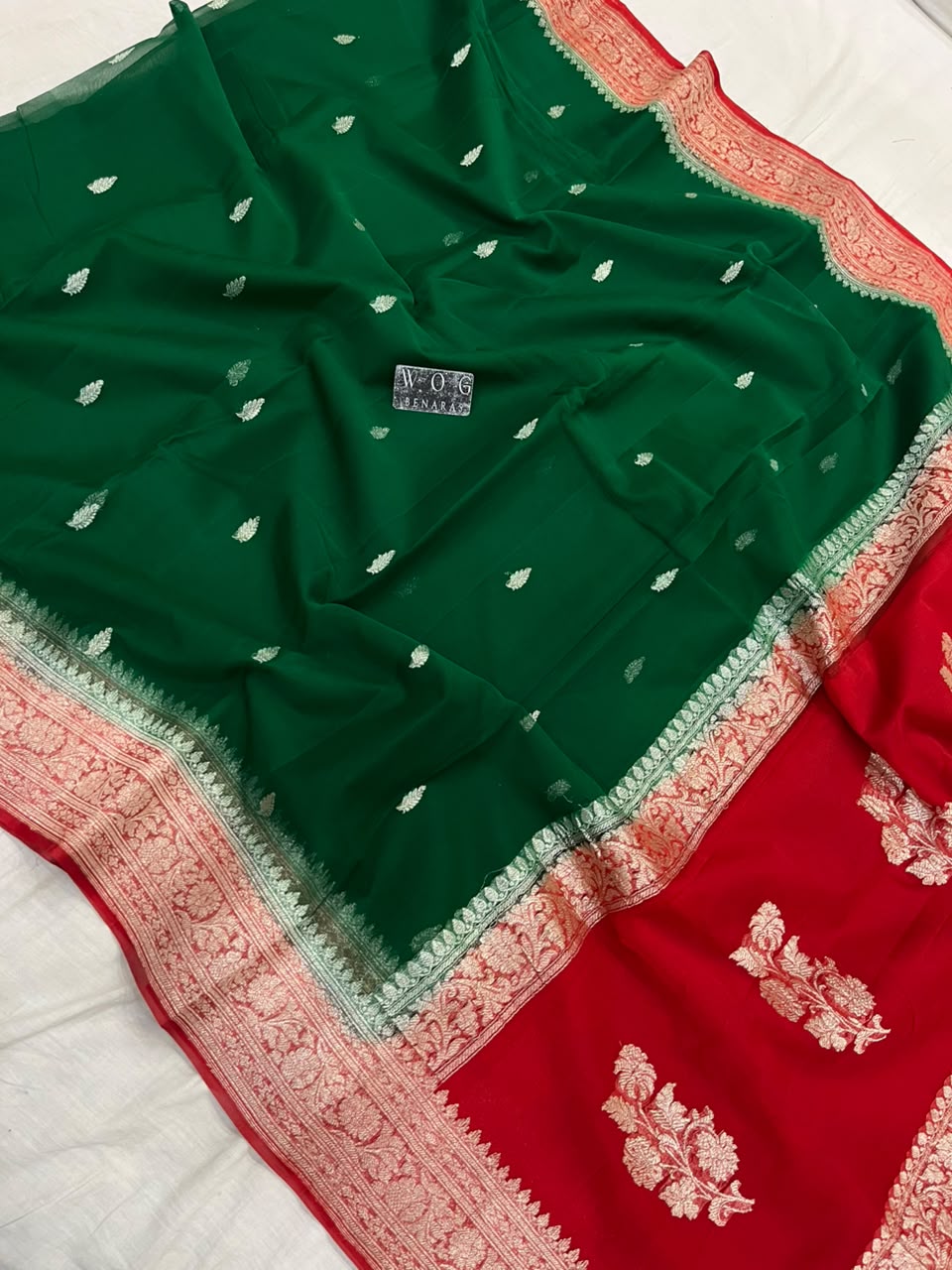 BOTTLE GREEN & RED PURE HANDWOVEN KHADDI CHIFFON SAREE