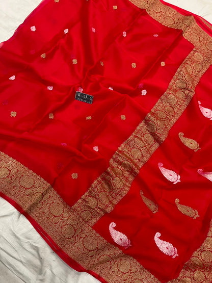BRIDAL RED PURE HANDWOVEN KHADDI CHIFFON SAREE WITH ANTIQUE