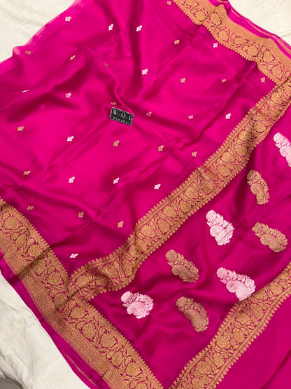 RANI PINK PURE HANDWOVEN KHADDI CHIFFON SAREE WITH ANTIQUE