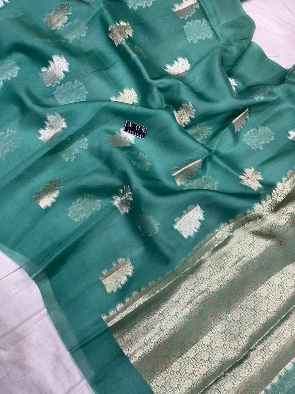 TEAL BLUE PURE KORA SILK SAREE