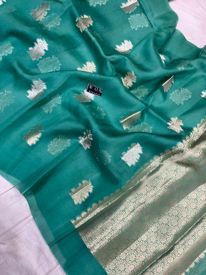 TEAL BLUE PURE KORA SILK SAREE