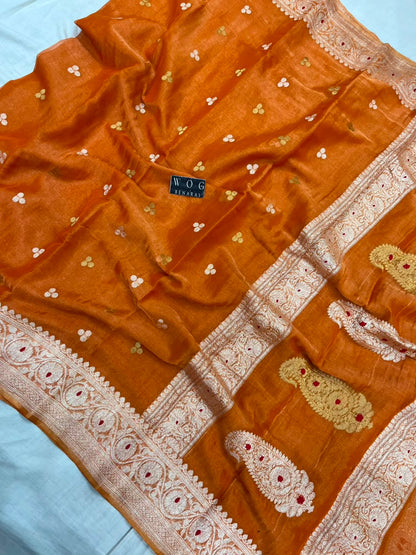 RUST PURE HANDWOVEN KHADDI CHIFFON TISSUE SAREE
