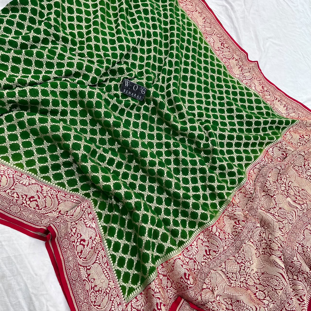MEHENDI GREEN&RED PURE KHADDI GEORGETTE SAREE