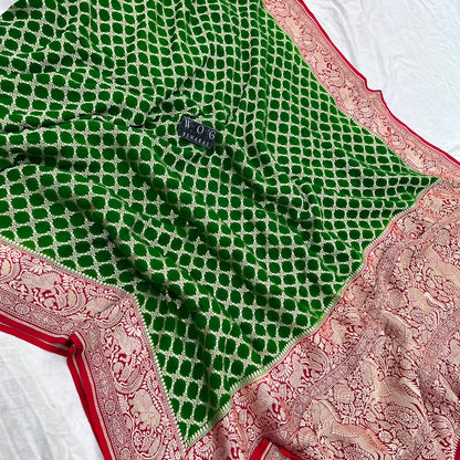 MEHENDI GREEN&RED PURE KHADDI GEORGETTE SAREE