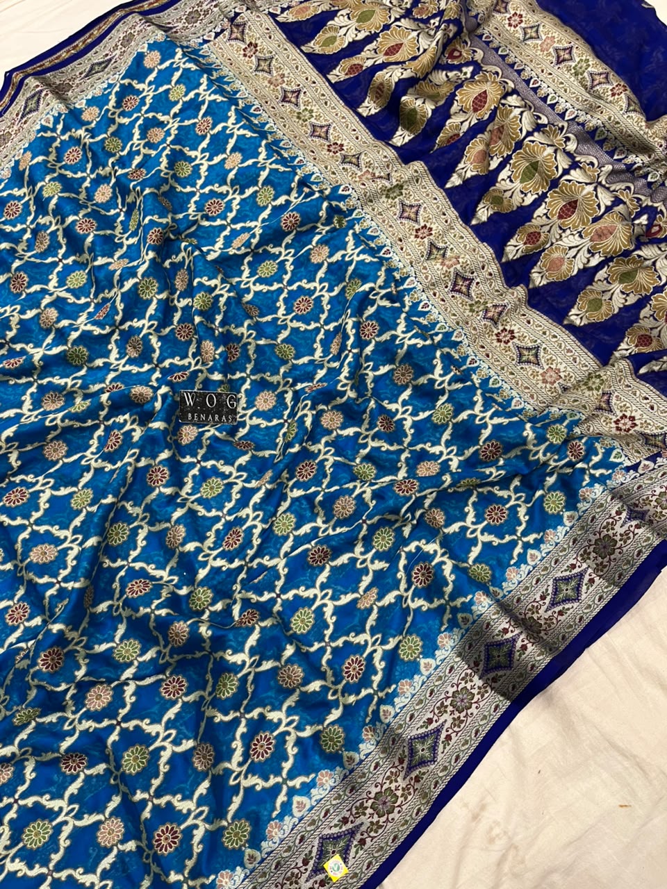 BLUE PURE KHADDI CREPE SAREE WITH MEENAKARI JALL