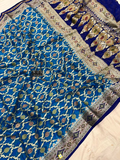 BLUE PURE KHADDI CREPE SAREE WITH MEENAKARI JALL