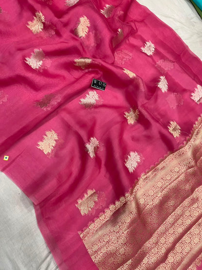 GAZARI PINK PURE KORA SILK SAREE