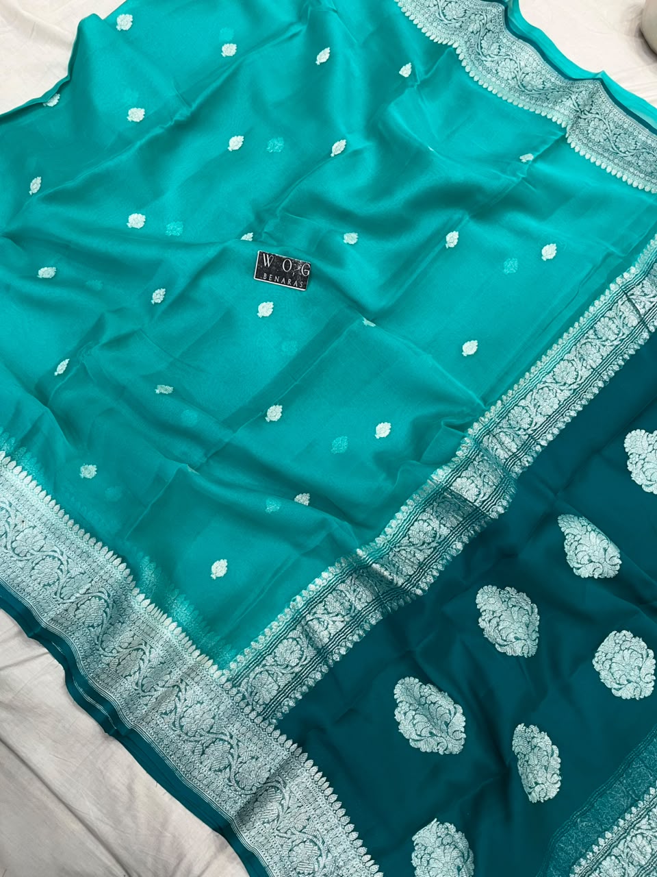 SEA GREEN & SAFAYER PURE HANDWOVEN KHADDI CHIFFON SAREE