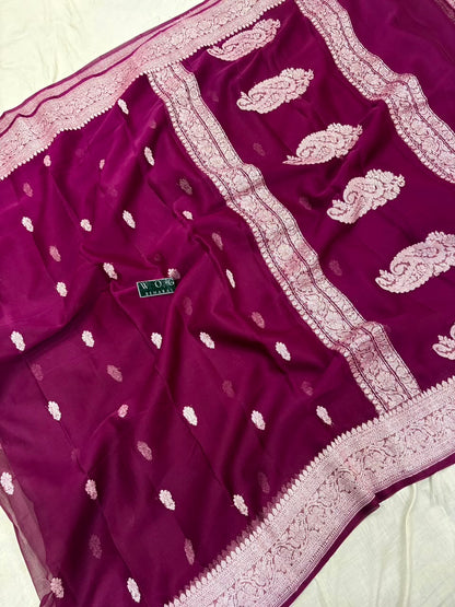 BURGUNDY PURE HANDWOVEN KHADDI CHIFFON SAREE