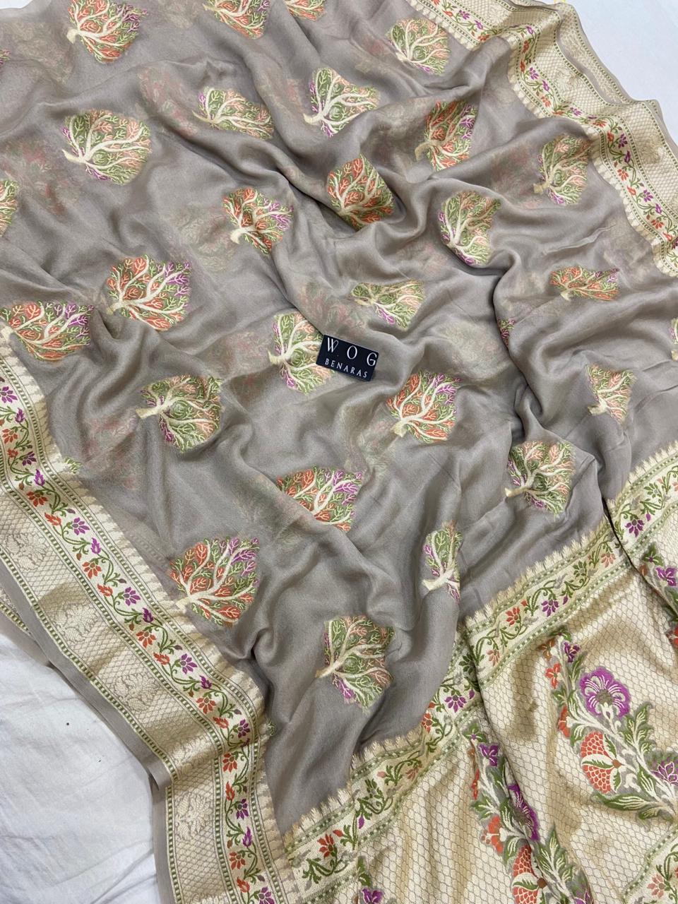 CHARCOAL PURE KHADDI CREPE SAREE WITH MEENAKARI BUTA