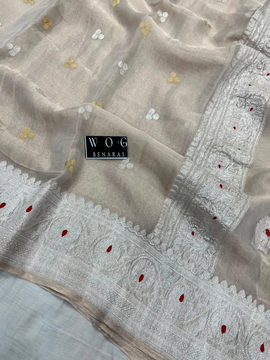 NATURAL COLOUR PURE HANDWOVEN KHADDI CHIFFON TISSUE SAREE