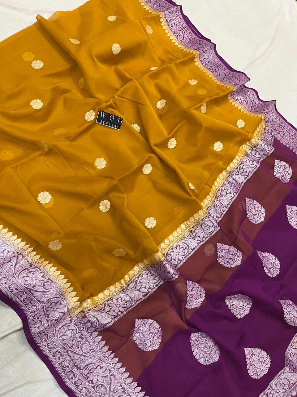 MUSTARD & MERGENTA PURE HANDWOVEN KHADDI CHIFFON SAREE