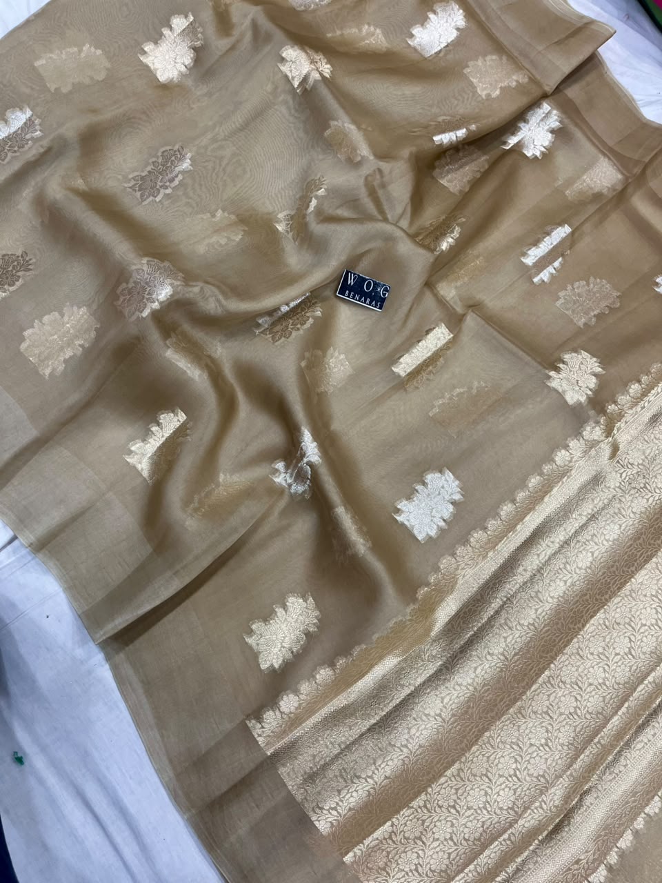 KHAKI BROWN PURE KORA SILK SAREE