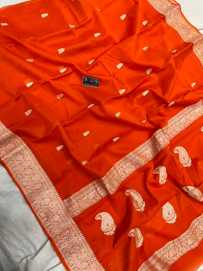 FANTA ORANGE PURE HANDWOVEN KHADDI CHIFFON SAREE
