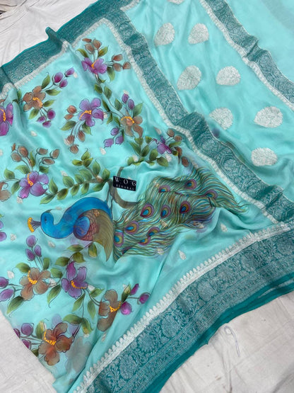 AQUA BLUE HANDWOVEN KHADDI CHIFFON SAREE WITH MAYUR
