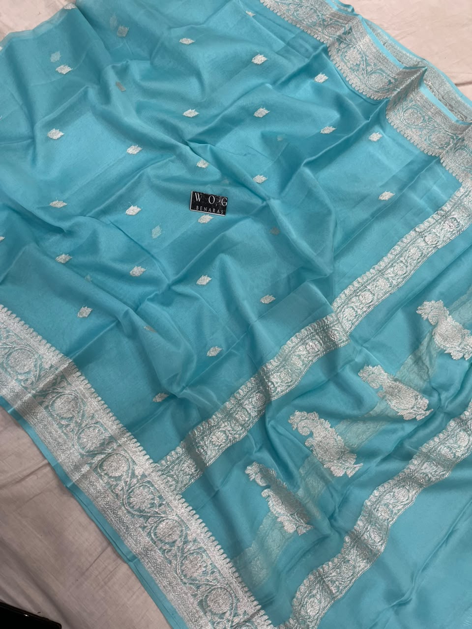SKY BLUE PURE HANDWOVEN KHADDI CHIFFON SAREE
