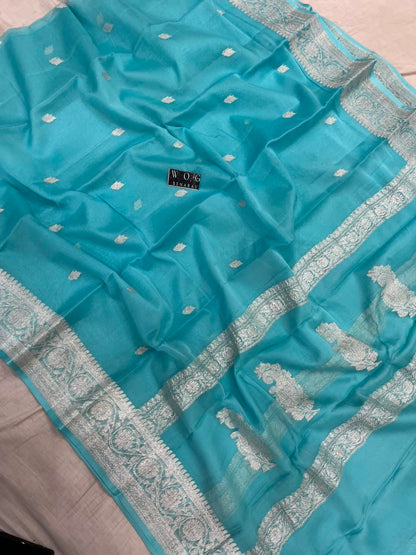 SKY BLUE PURE HANDWOVEN KHADDI CHIFFON SAREE