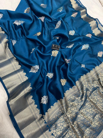 GERMAN BLUE PURE CHINIYA SILK BUTA SAREE