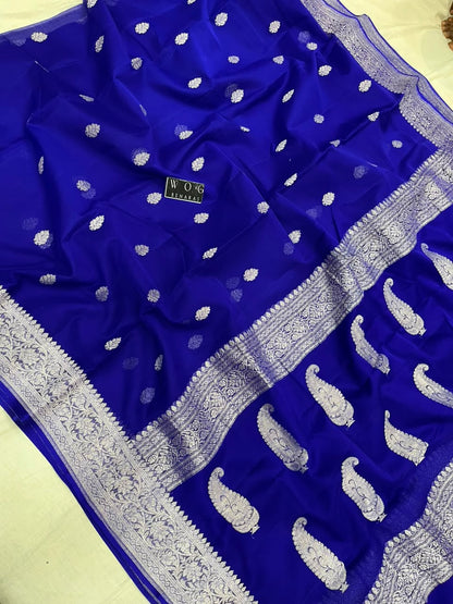 ROYAL BLUE PURE HANDWOVEN KHADDI CHIFFON SAREE