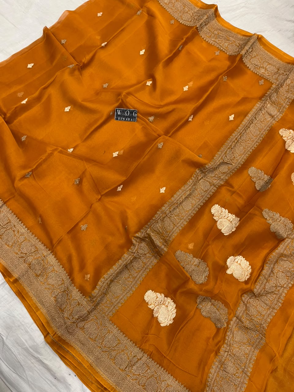 MUSTARD YELLOW PURE HANDWOVEN KHADDI CHIFFON SAREE WITH ANTIQUE