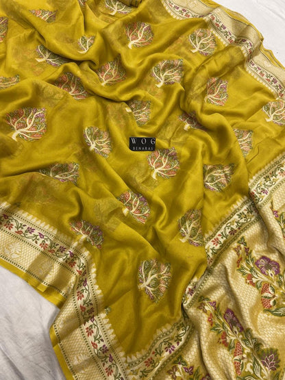 DHANI YELLOW PURE KHADDI CREPE SAREE WITH MEENAKARI BUTA