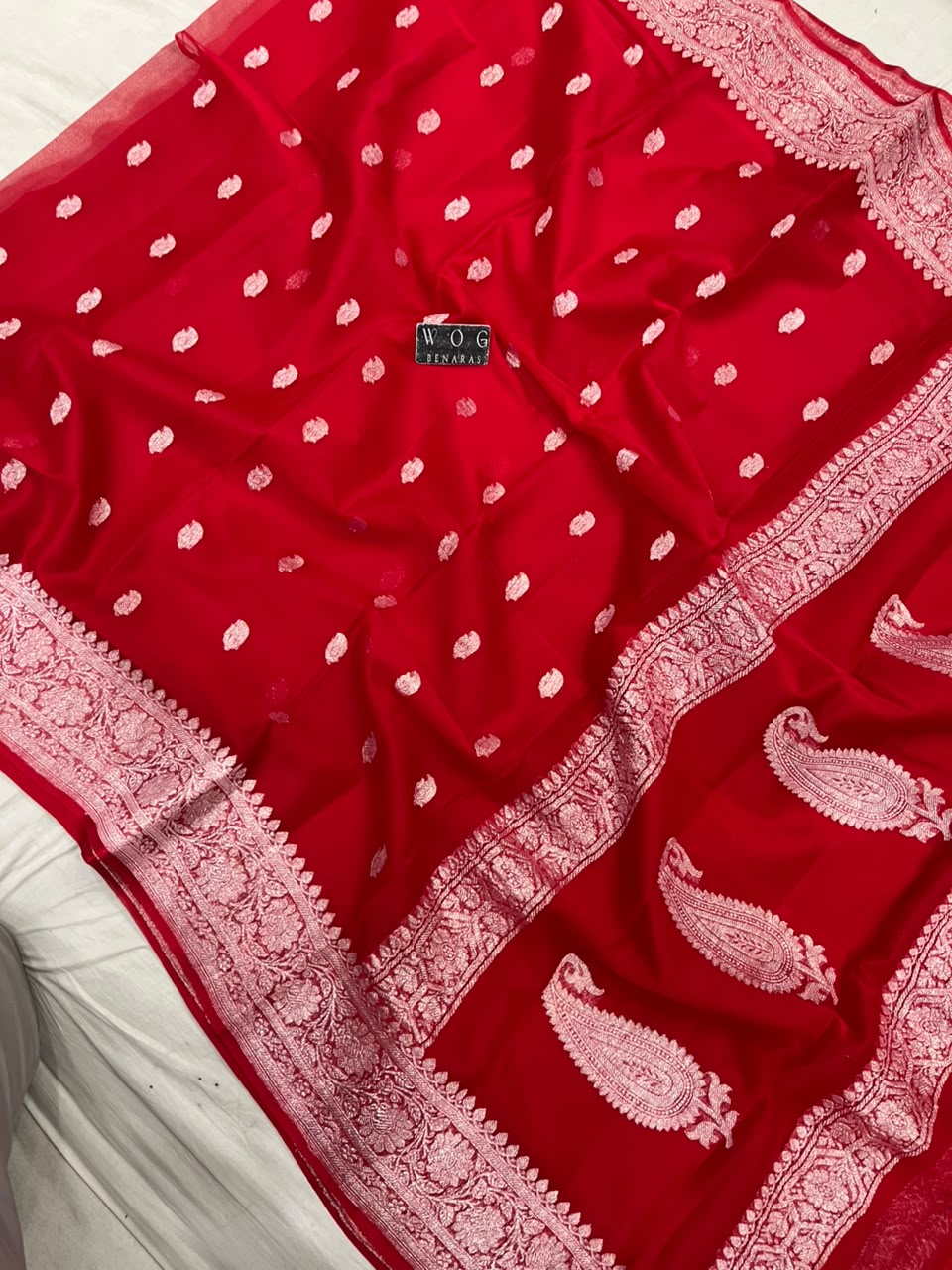 BRIDAL RED PURE HANDWOVEN KHADDDI CHIFFON SAREE