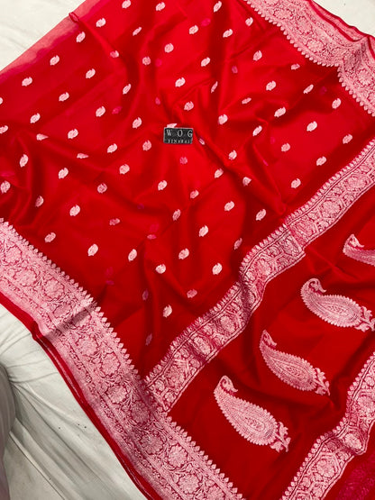BRIDAL RED PURE HANDWOVEN KHADDDI CHIFFON SAREE