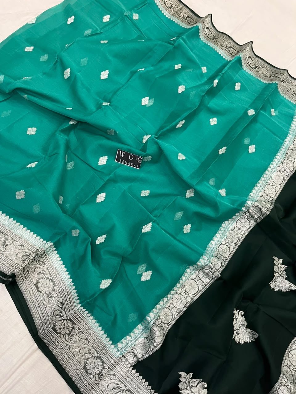 AQUA & BOTTLE GREEN PURE HANDWOVEN KHADDI CHIFFON SAREE