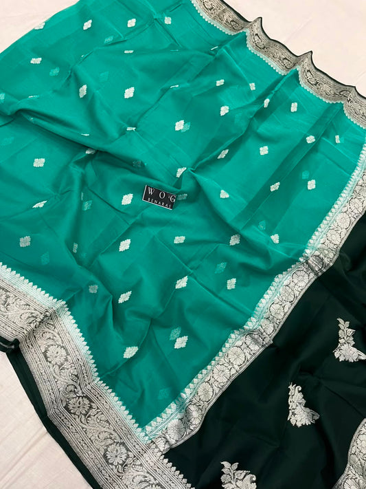 AQUA & BOTTLE GREEN PURE HANDWOVEN KHADDI CHIFFON SAREE