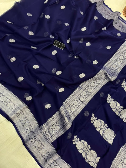 NAVY BLUE PURE HANDWOVEN KHADDI CHIFFON SAREE