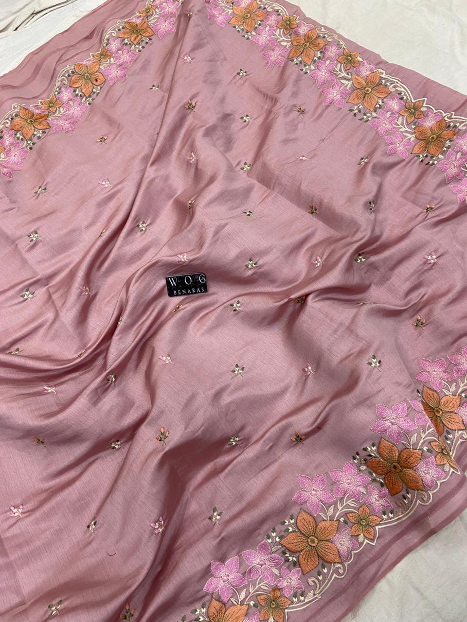 ONION PINK SILK SAREE WITH BUTI AND FLORAL BORDER