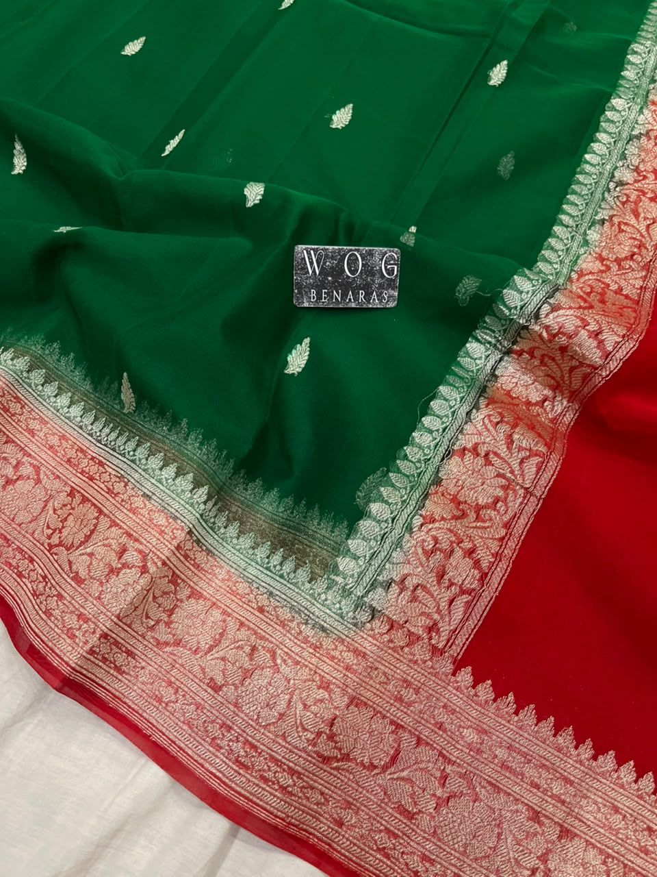 BOTTLE GREEN & RED PURE HANDWOVEN KHADDI CHIFFON SAREE