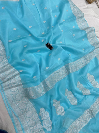 SKY BLUE HANDWOVEN KHADDI CHIFFON SAREE