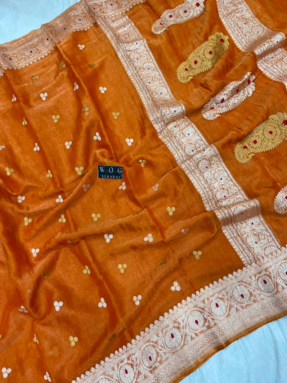 RUST PURE HANDWOVEN KHADDI CHIFFON TISSUE SAREE