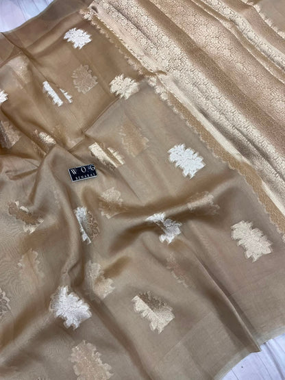 KHAKI BROWN PURE KORA SILK SAREE