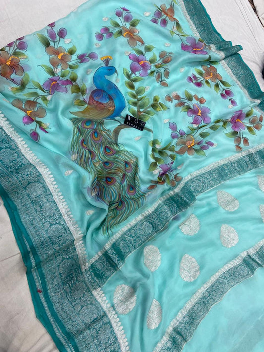 AQUA BLUE HANDWOVEN KHADDI CHIFFON SAREE WITH MAYUR