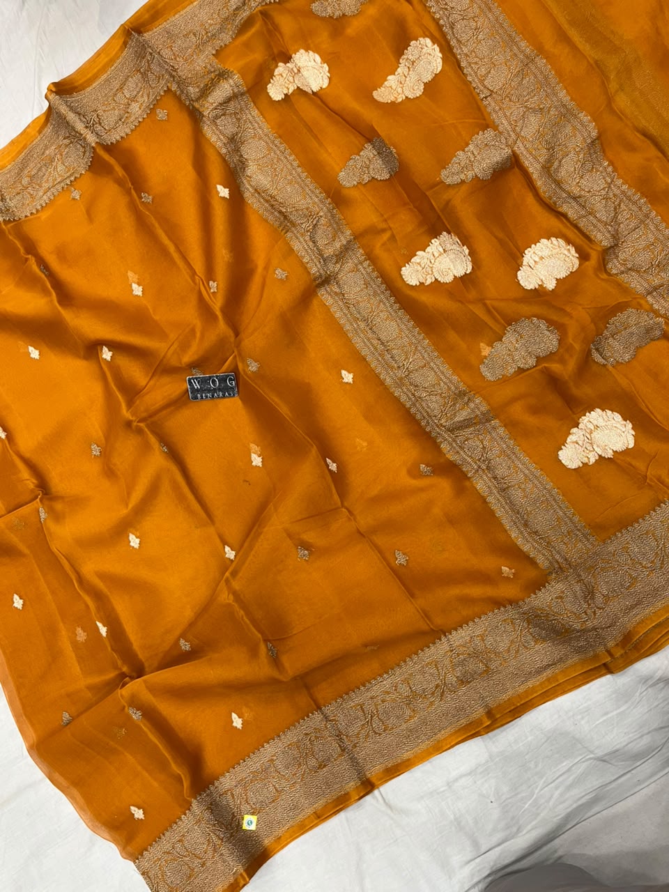MUSTARD YELLOW PURE HANDWOVEN KHADDI CHIFFON SAREE WITH ANTIQUE